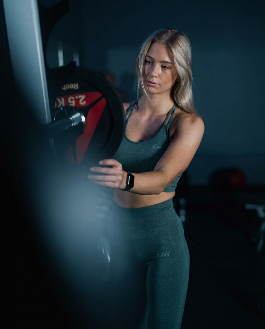 Medlem laddar vikter på skivstång i gymmet på Hitness